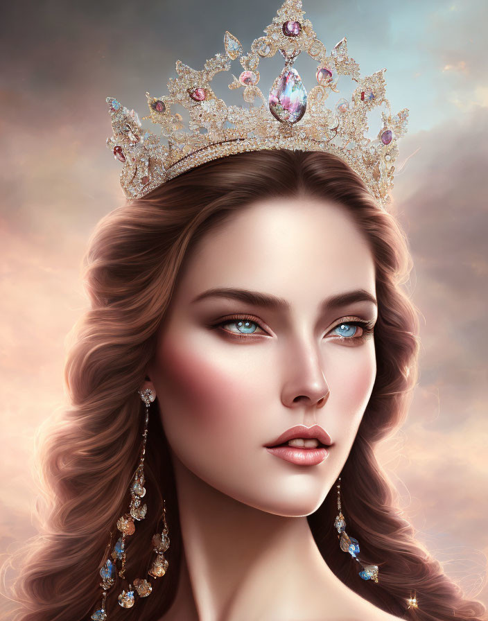 Portrait of Woman with Crown and Blue Eyes in Cloudy Sky