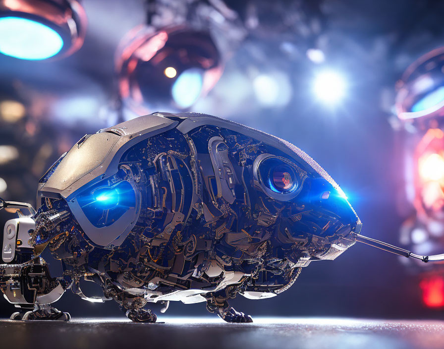 Detailed Mechanical Rhinoceros Robot with Glowing Blue Eyes in Dramatic Setting