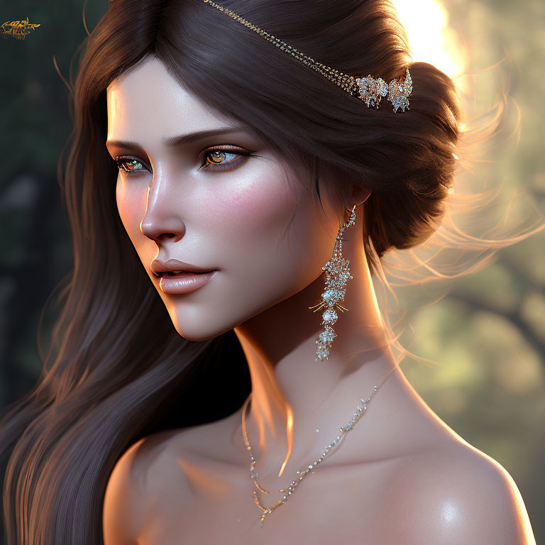 Brown-haired woman in sparkling jewelry against forest backdrop