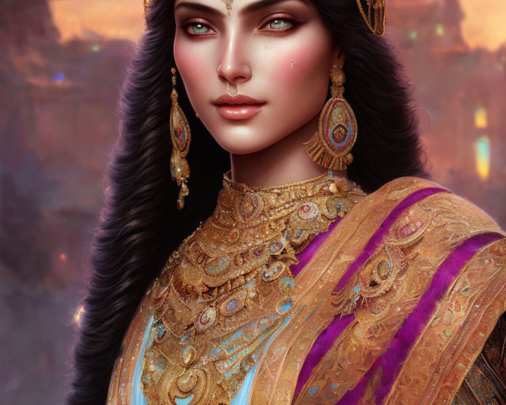 Woman in ornate gold jewelry and traditional attire against cityscape.