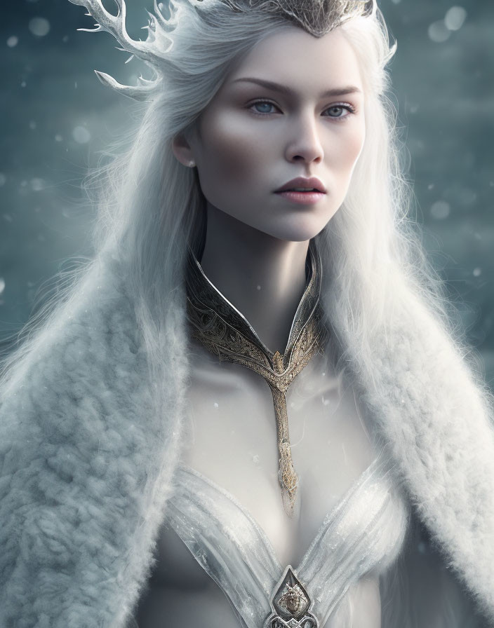 Ethereal white-haired woman with antlers in fur cloak and gown amid snowflakes