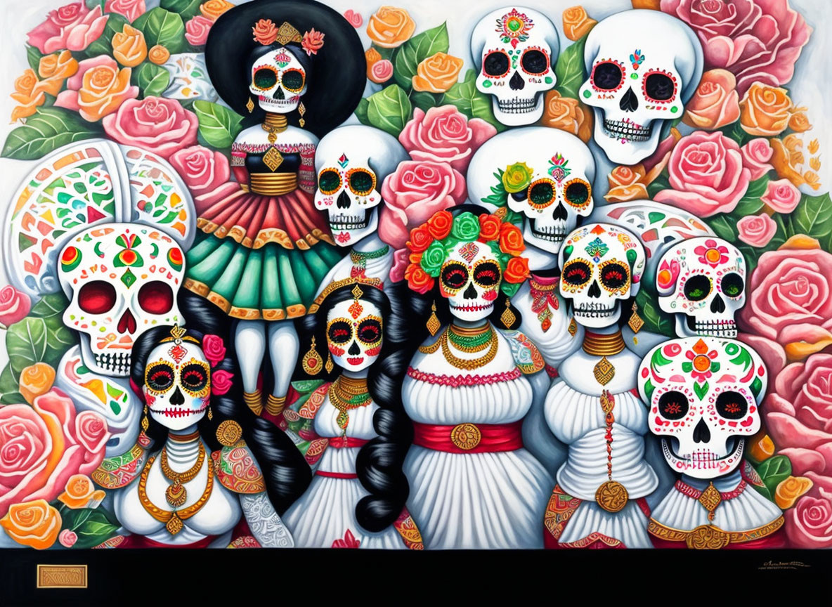 Vibrant Dia de los Muertos painting with skull-faced figures in Mexican attire and roses.