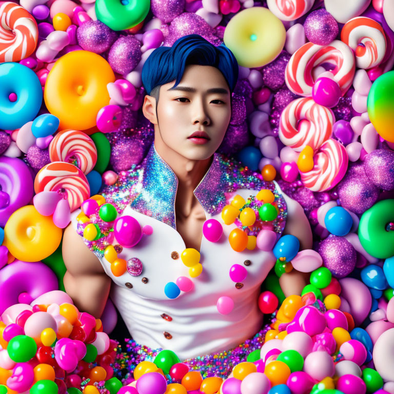 Blue-haired person with glitter makeup surrounded by vibrant candies and sweets