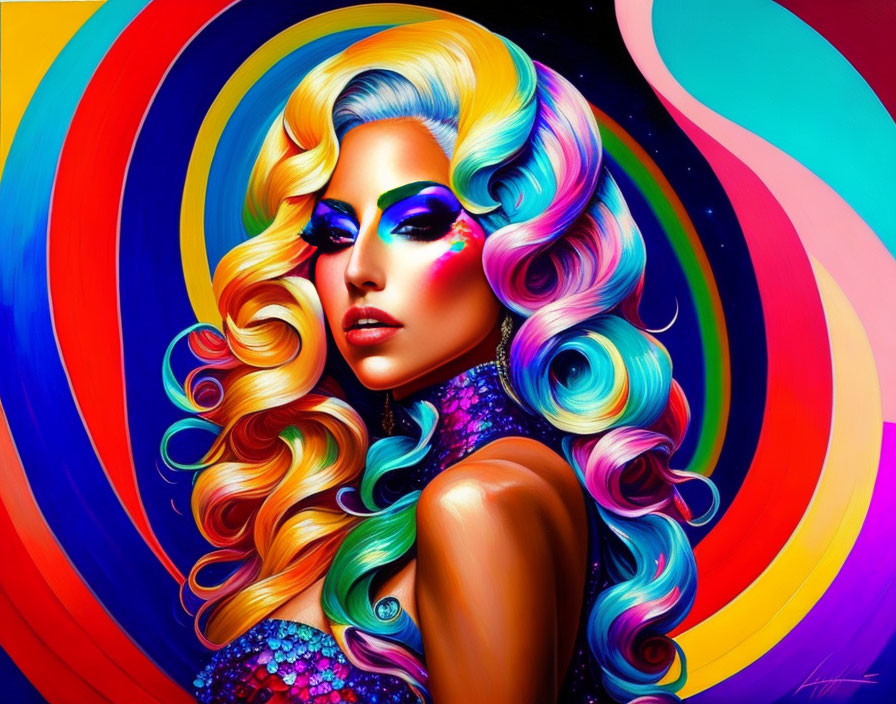 Colorful digital artwork: Stylized woman with vibrant, wavy hair on rainbow swirl backdrop