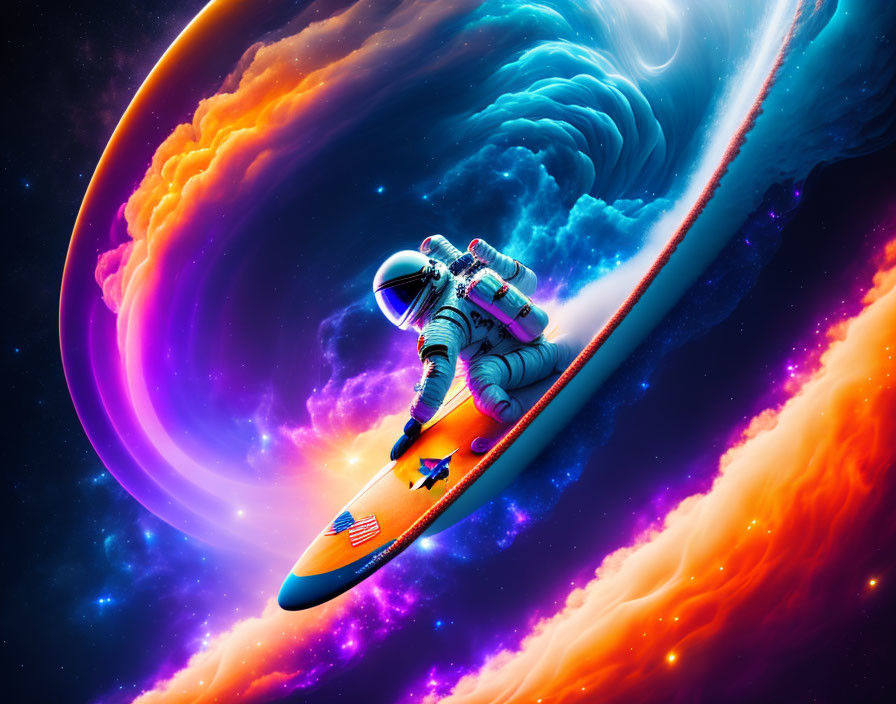 Astronaut surfing on cosmic wave with vibrant nebulae & galaxy colors