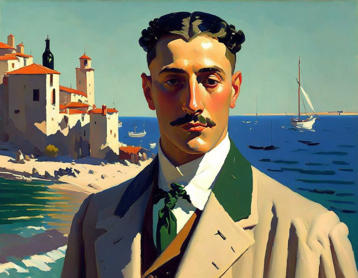 Stylized portrait of a man with mustache in suit and tie by coastal town with sailboat