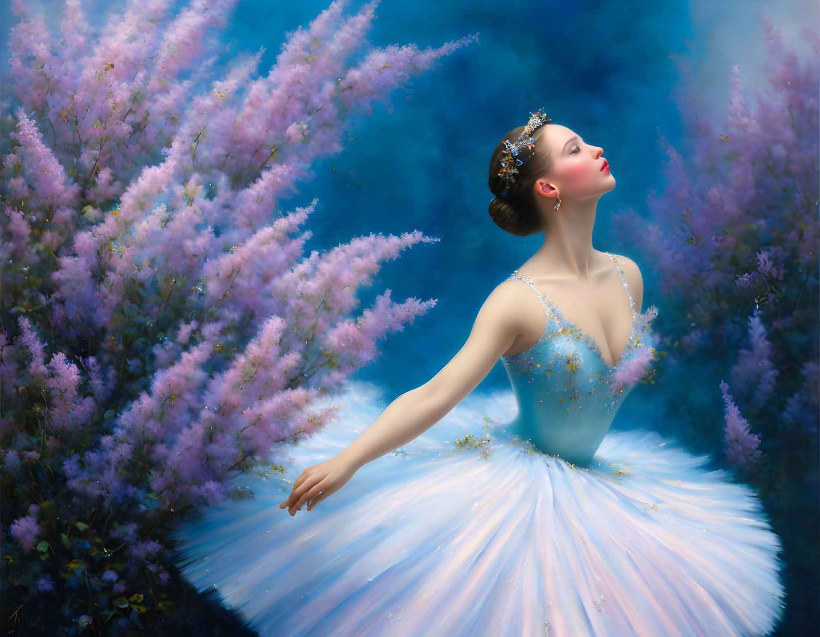 Ballerina in white tutu among pink blooms and blue backdrop