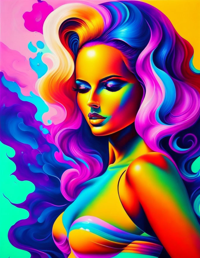 Vibrant portrait of a woman with blue and purple hair on neon background