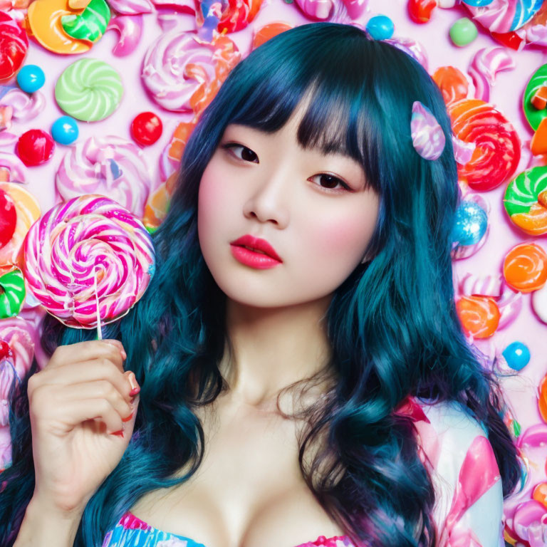 Blue-haired woman with lollipop in candy-themed outfit against colorful background