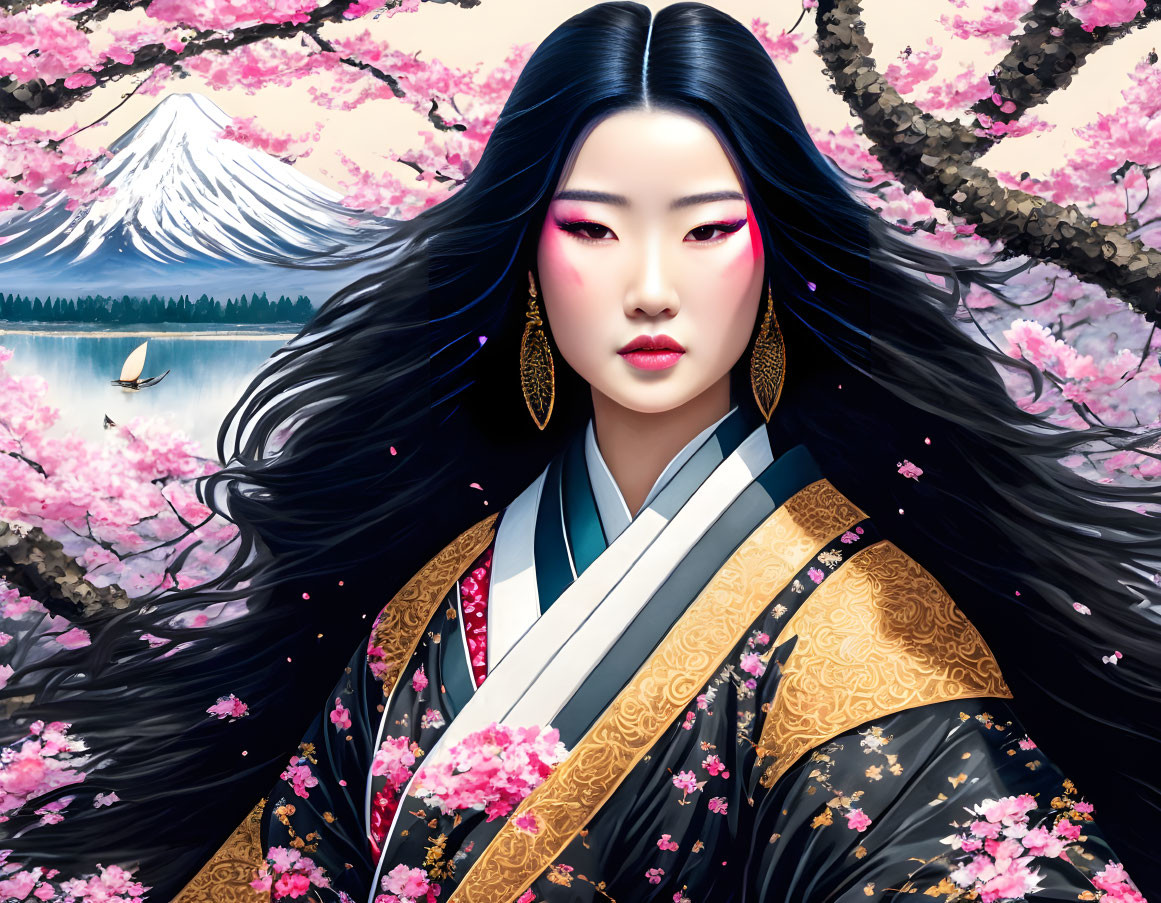 Illustrated portrait of woman in traditional attire with cherry blossoms and Mt. Fuji.