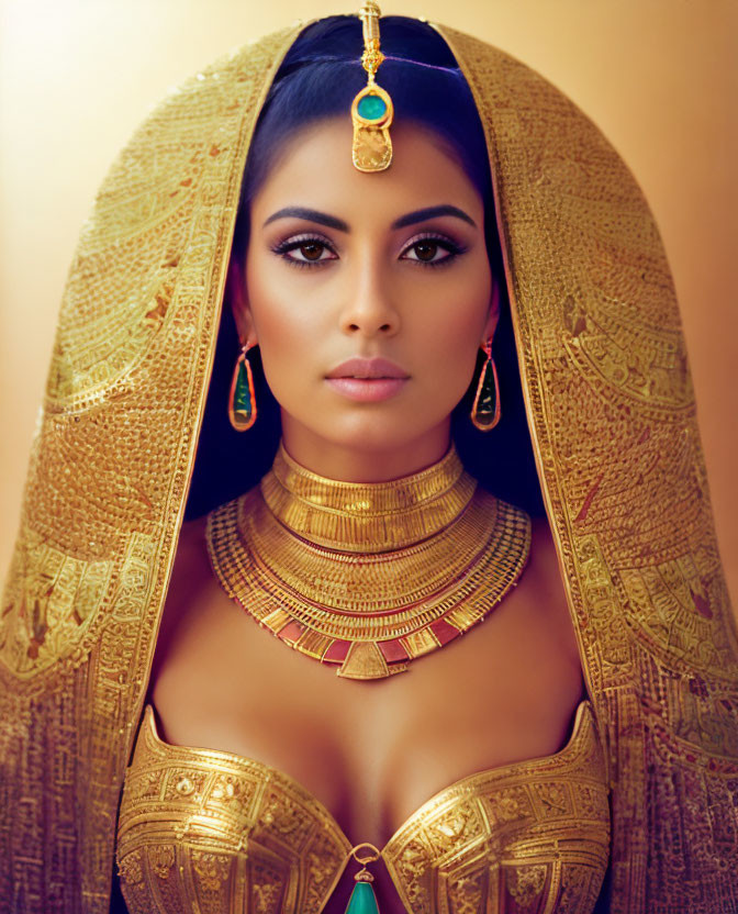 Woman with elegant makeup in gold headdress, large earrings, and necklace on warm backdrop