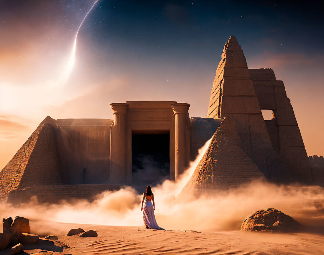 Woman in flowing gown at ancient temple in swirling sands under dramatic sky with comet