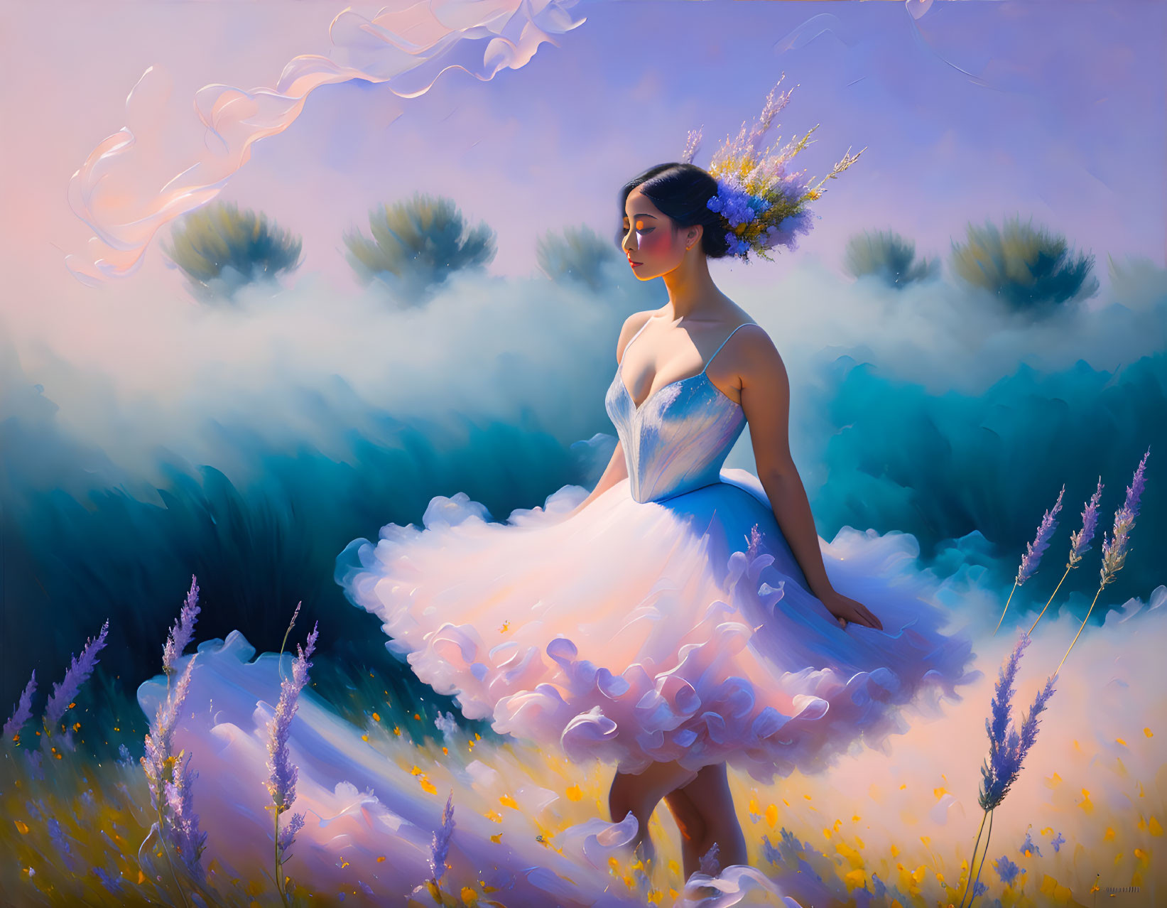 Woman in white dress with lavender flowers in dreamy purple field