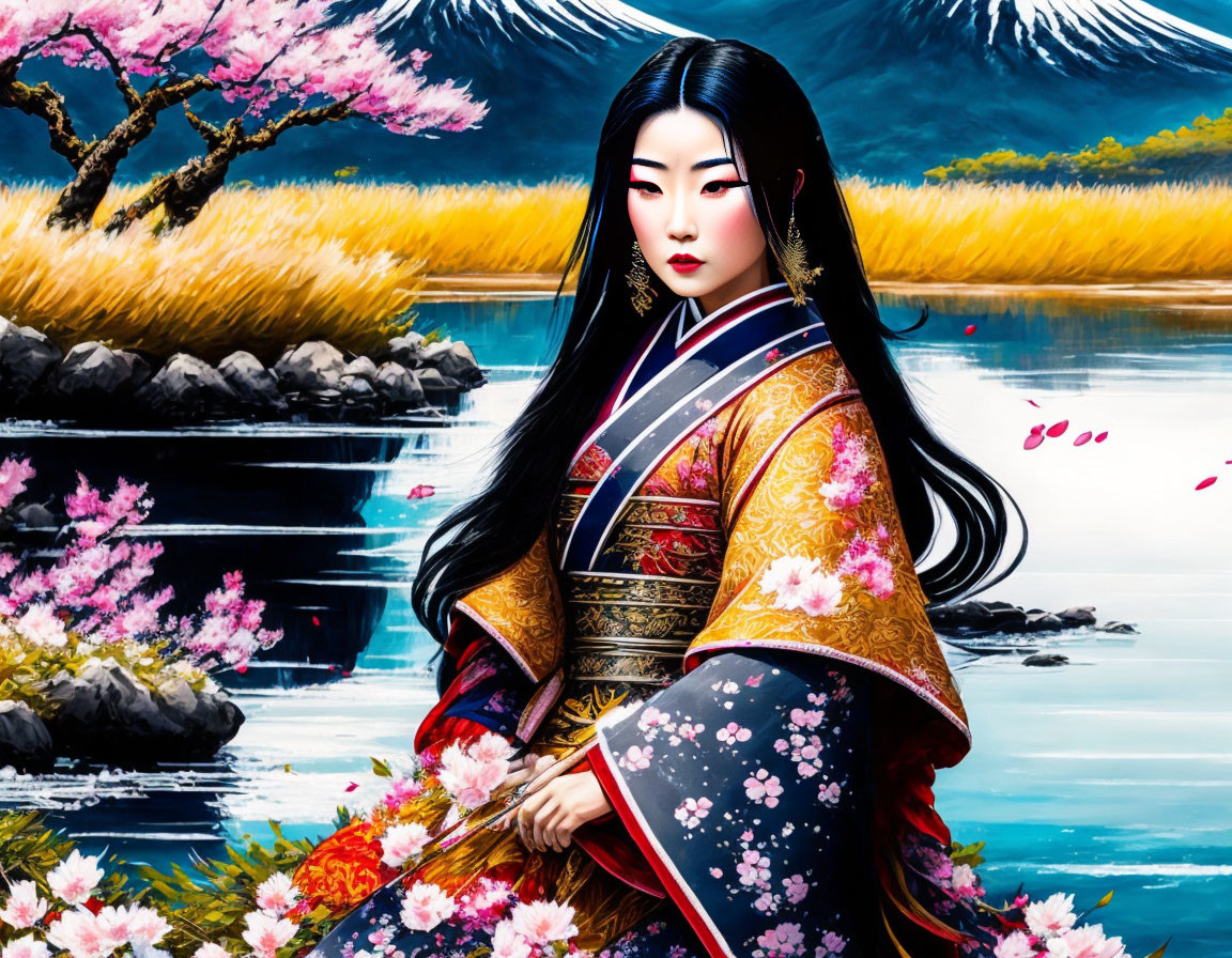 Traditional Japanese attire illustration with serene landscape and cherry blossoms