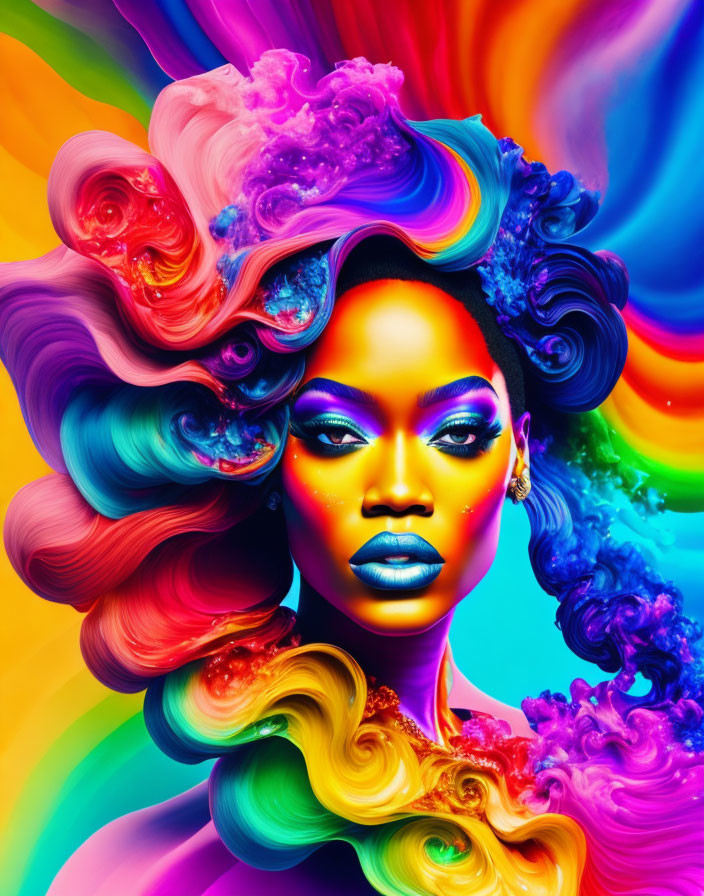 Colorful portrait of a woman with vibrant hair and makeup on rainbow background