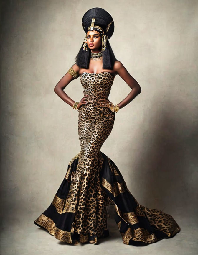 Woman in dramatic leopard print gown with ornate accessories