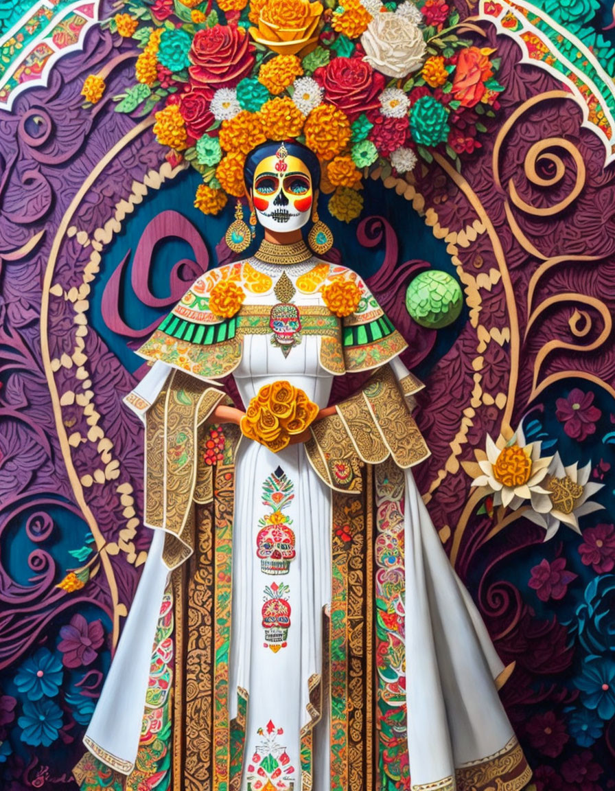 Vibrant La Catrina Day of the Dead artwork with floral and skeletal designs