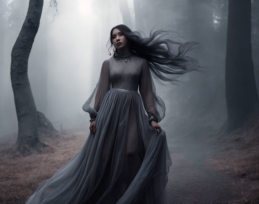 Woman in flowing dress in misty forest with ethereal atmosphere
