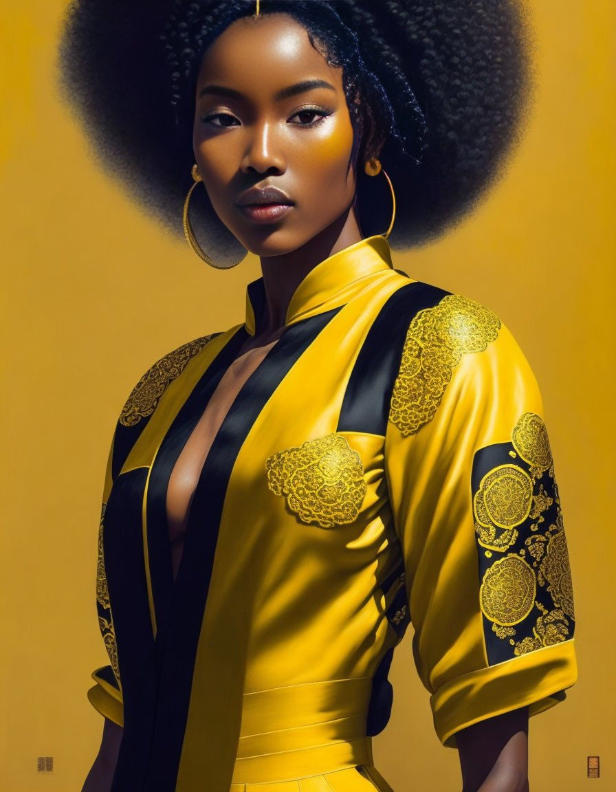 Woman with Afro Hairstyle in Yellow Dress with Gold Patterns and Hoop Earrings