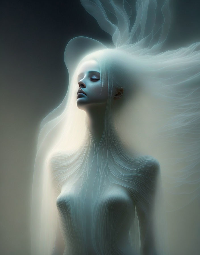 Surreal female figure with white hair on blue background