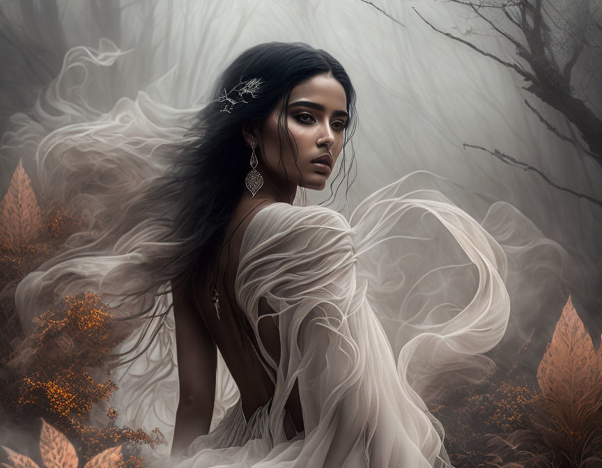 Dark-haired woman with intense gaze in silver hairpiece, wrapped in flowing fabrics, amid foggy forest