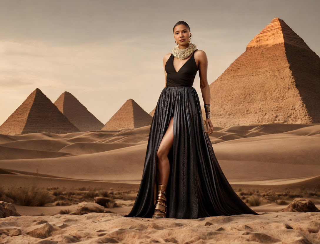 Woman in black dress and bold jewelry at Great Pyramids of Giza at dusk