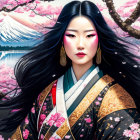 Illustrated portrait of woman in traditional attire with cherry blossoms and Mt. Fuji.