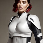 Brown-haired woman in futuristic white and black armored bodysuit pose.