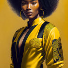 Woman with Afro Hairstyle in Yellow Dress with Gold Patterns and Hoop Earrings