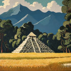 Stylized painting of Mesoamerican pyramid in nature with figures