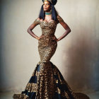Woman in dramatic leopard print gown with ornate accessories
