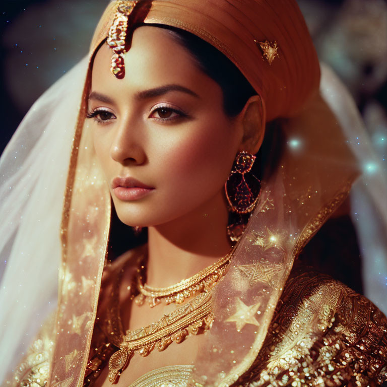 Traditional South Asian Bridal Attire with Gold and Red Ensemble