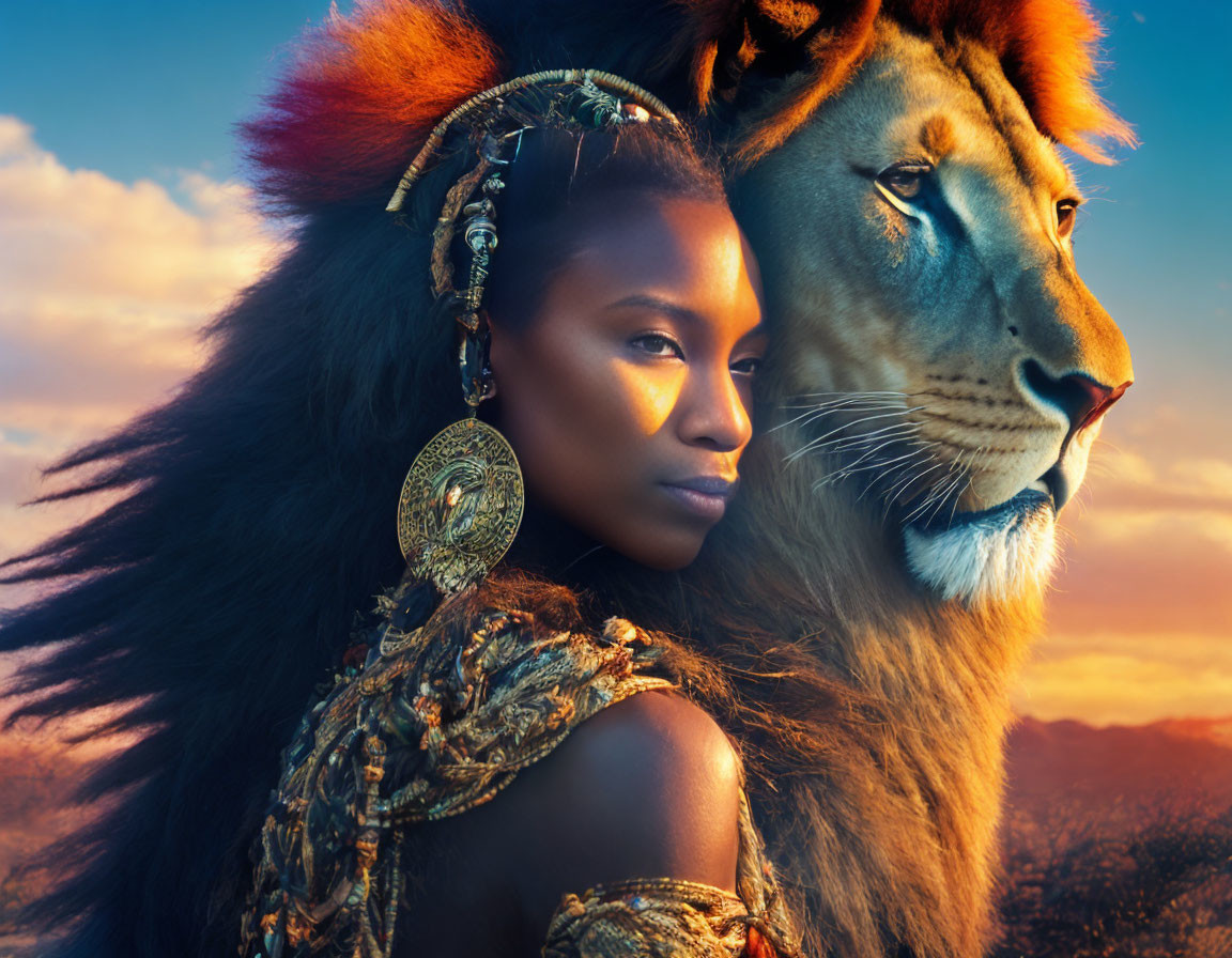 Striking woman with ornate headpiece near majestic lion at sunset