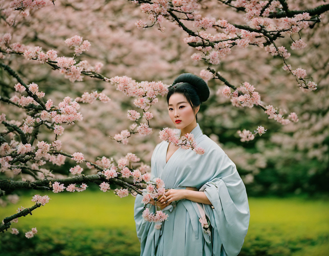 Traditional Attire Woman Among Pink Cherry Blossoms