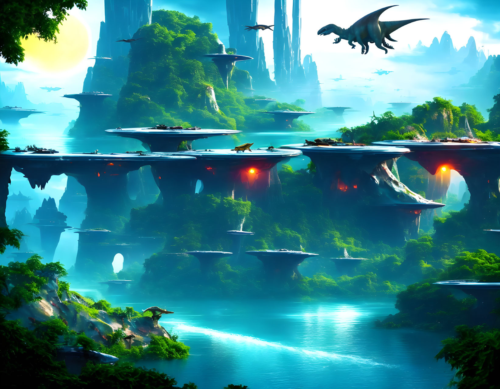 Fantastical landscape with rock formations, bridges, waterfalls, and flying dragons at sunset.