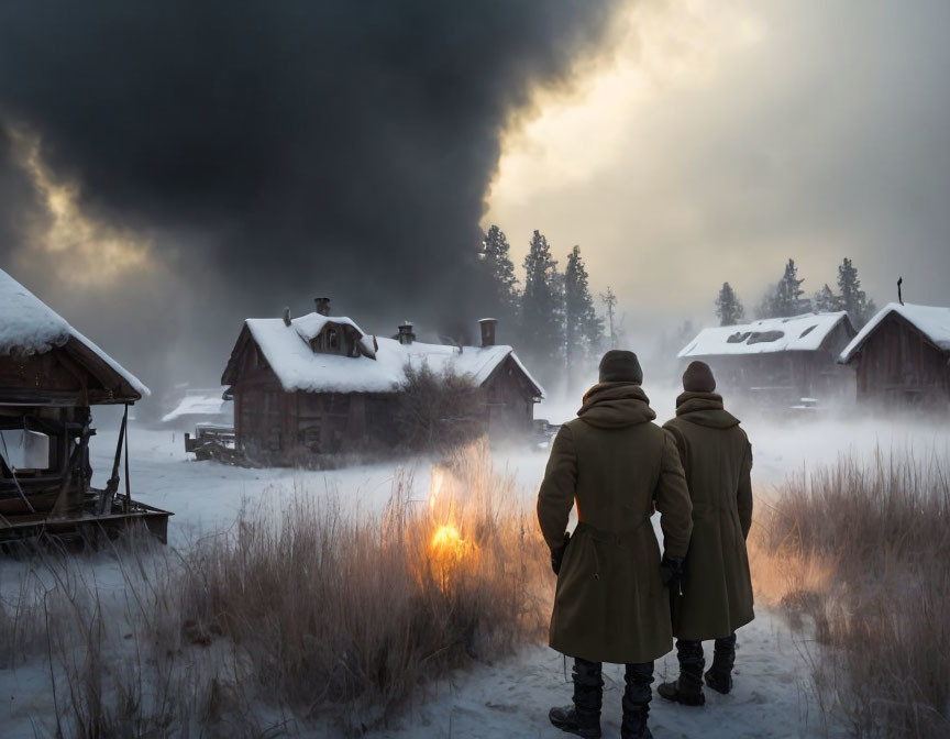 Snowy landscape with rustic cabins and dramatic sky observed by two people in heavy coats