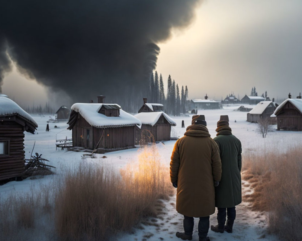 Snow-covered village at dusk with smoke plume