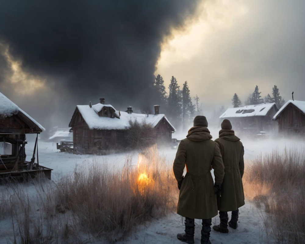 Snowy landscape with rustic cabins and dramatic sky observed by two people in heavy coats