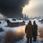 Snowy landscape with rustic cabins and dramatic sky observed by two people in heavy coats