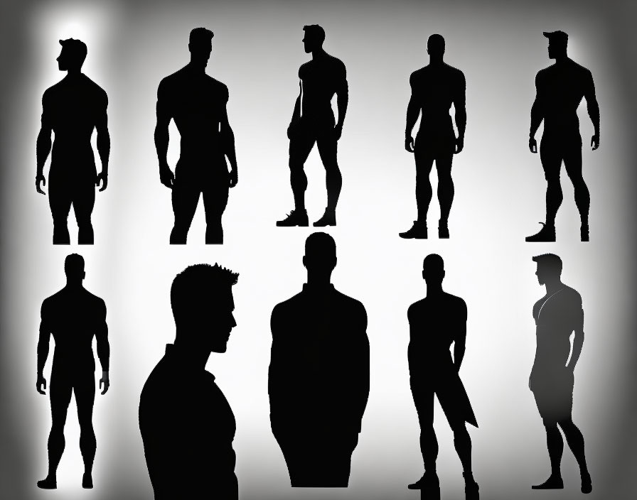 Nine Men Silhouettes in Various Poses on Gradient Background