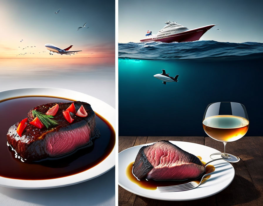 Composite Image: Plane, Yacht, Steak, Wine & Underwater View