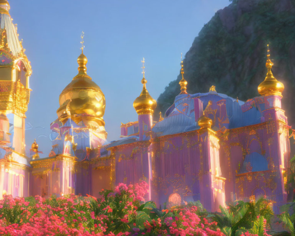 Fantastical palace with golden domes amid pink flowers at sunset