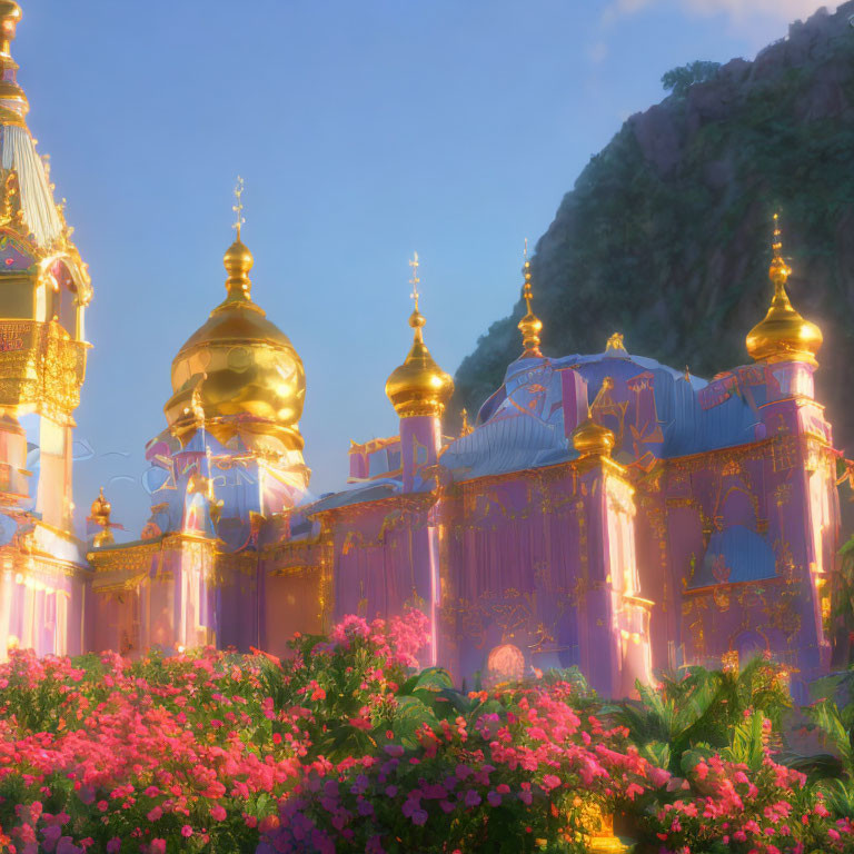 Fantastical palace with golden domes amid pink flowers at sunset