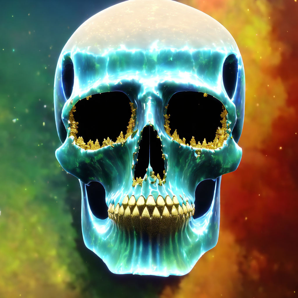 Teal Skull with Gold Fractal Patterns on Cosmic Nebula Background