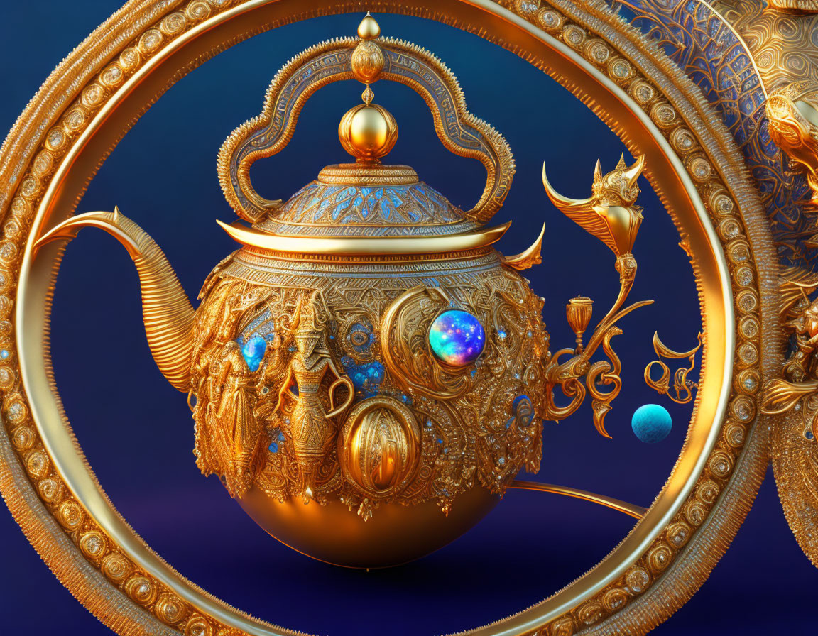 Intricate golden teapot with gemstones on elegant blue swirls