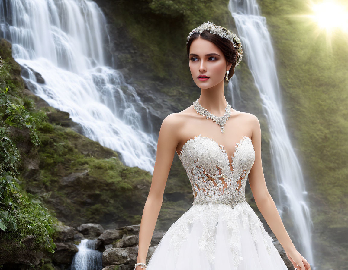 Bride in lace wedding gown posing by waterfall with tiara