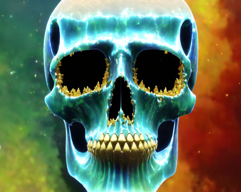 Teal Skull with Gold Fractal Patterns on Cosmic Nebula Background