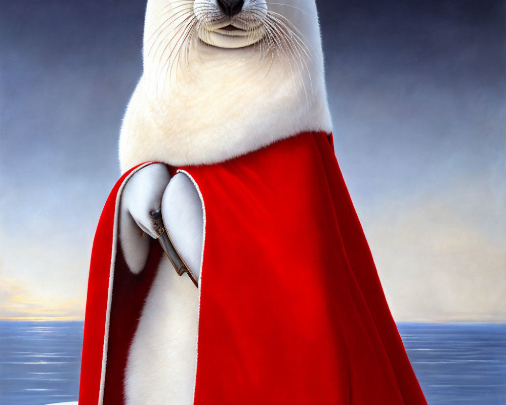 Illustration of a majestic white seal in a red cape by the sea