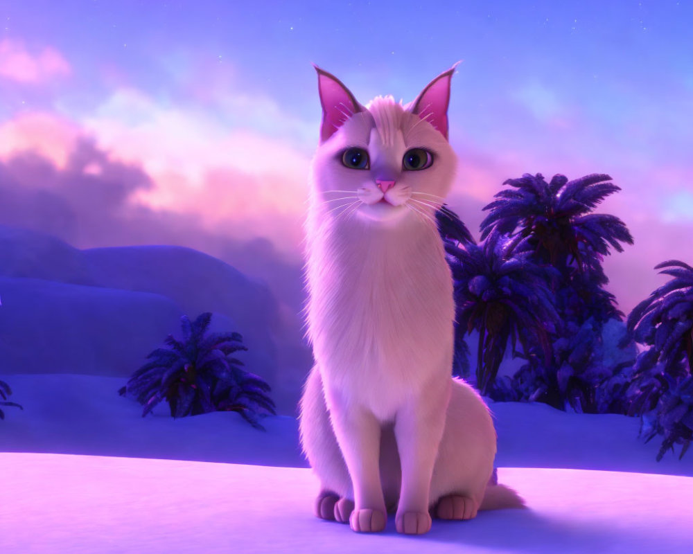 White animated cat with blue eyes in snowy landscape at dusk