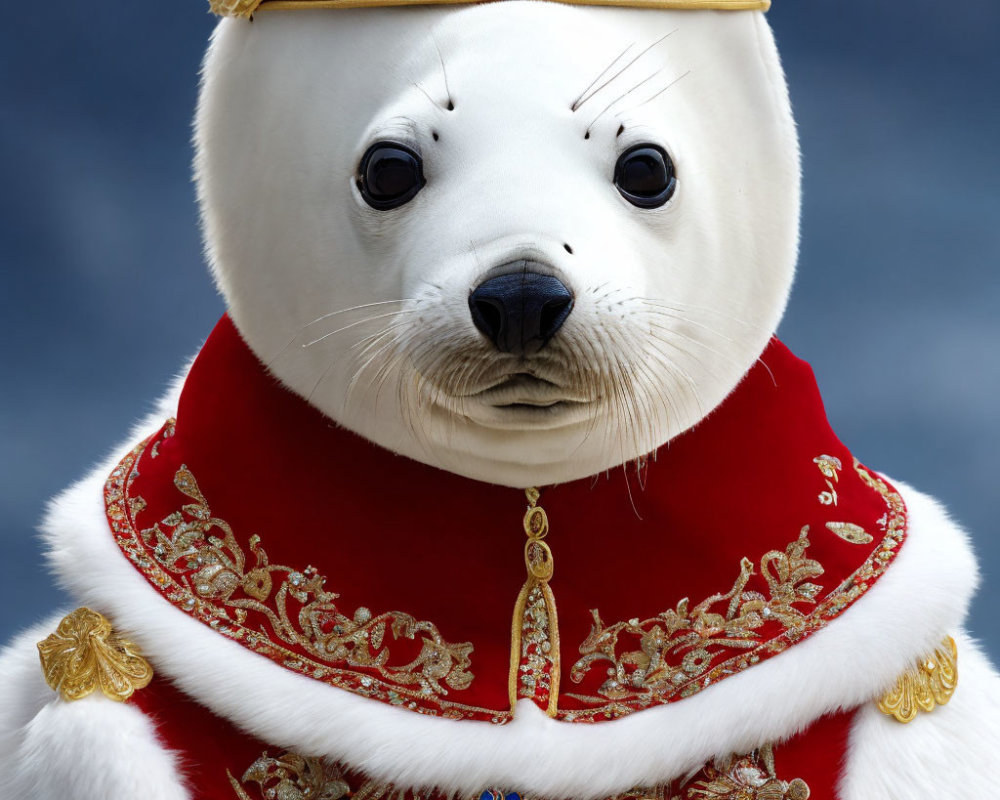 Regal seal with human-like expression in ornate crown and red robe against cloudy sky